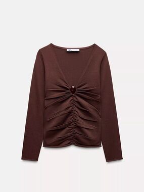 Zara Chocolate Brown Ruched V-Neck Long Sleeve Top